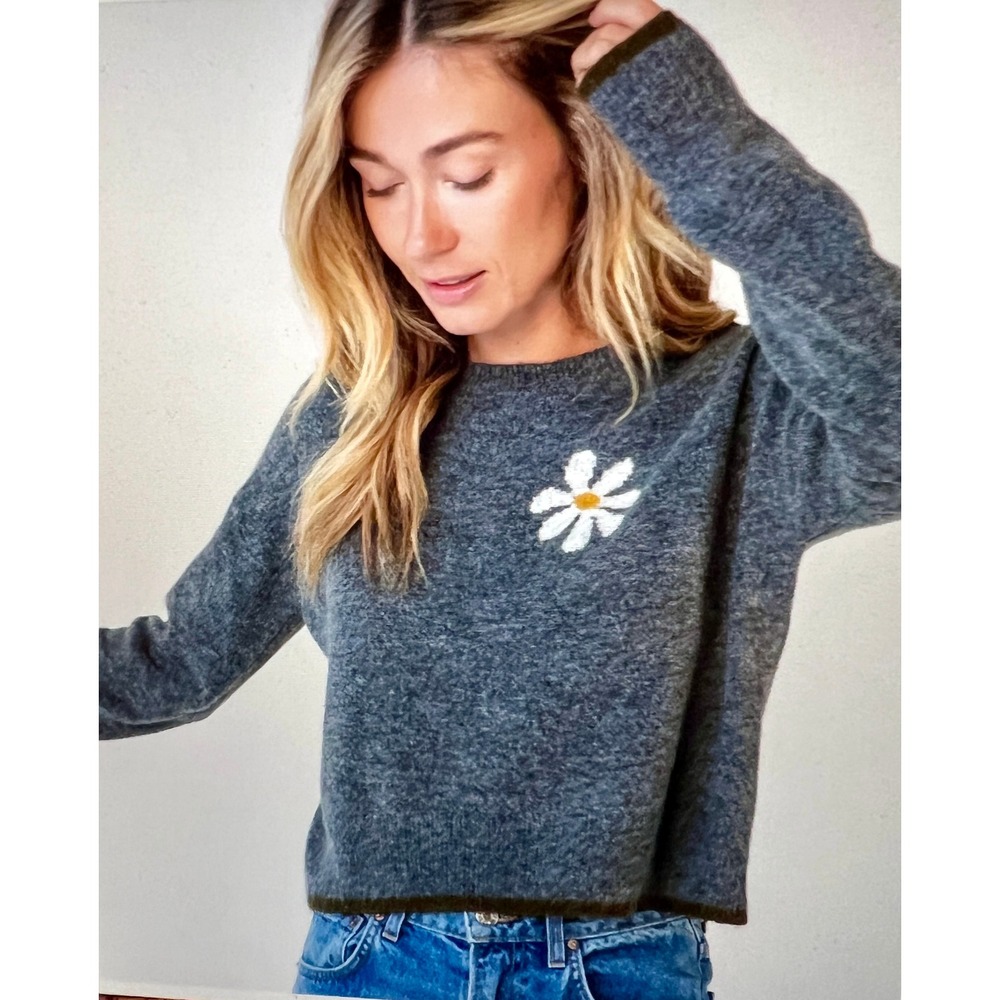 Natural Life Sweater Women S Grey Daisy Intarsia Knit Cropped Boho Pullover Soft